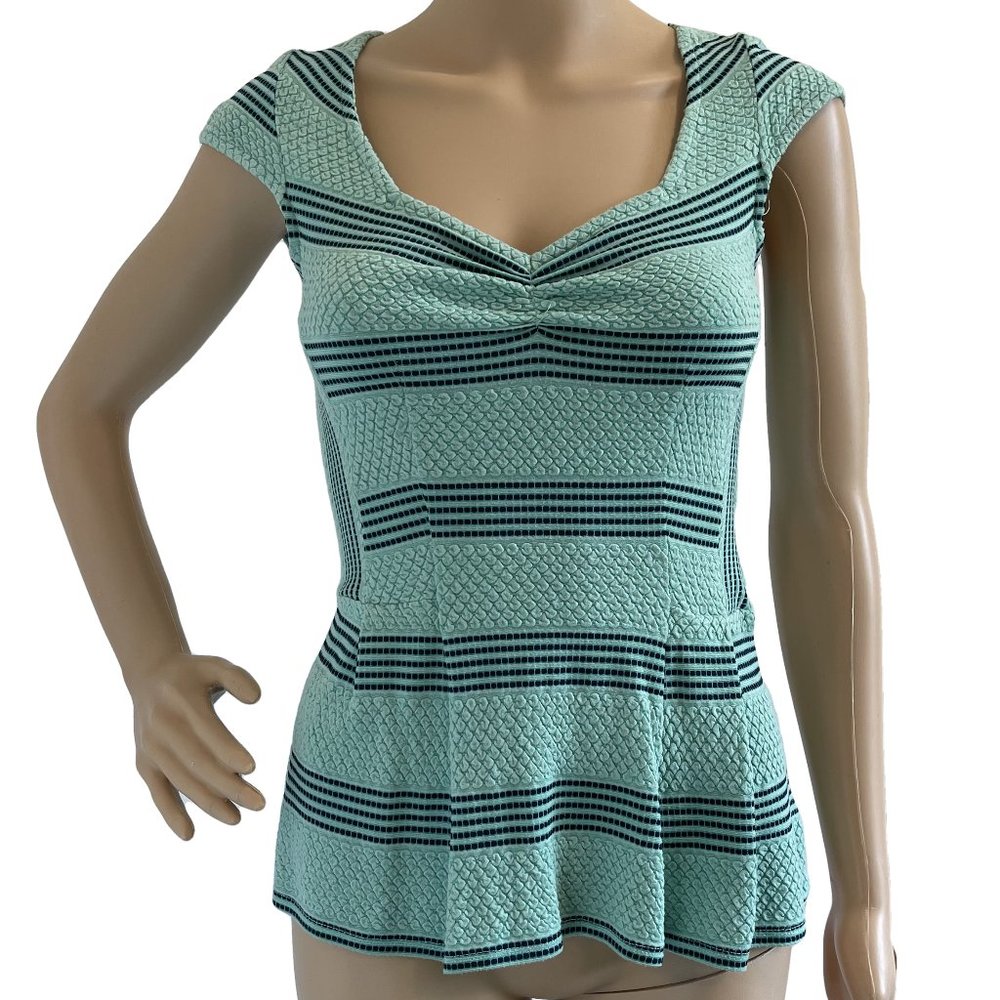 POSTMARK Mint Green & Navy Peplum Stretch Top XS